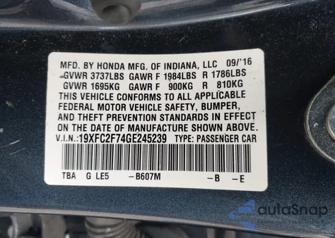 2016 Honda Civic Ex z USA, uszkodzony, nr VIN 19XFC2F74GE245239